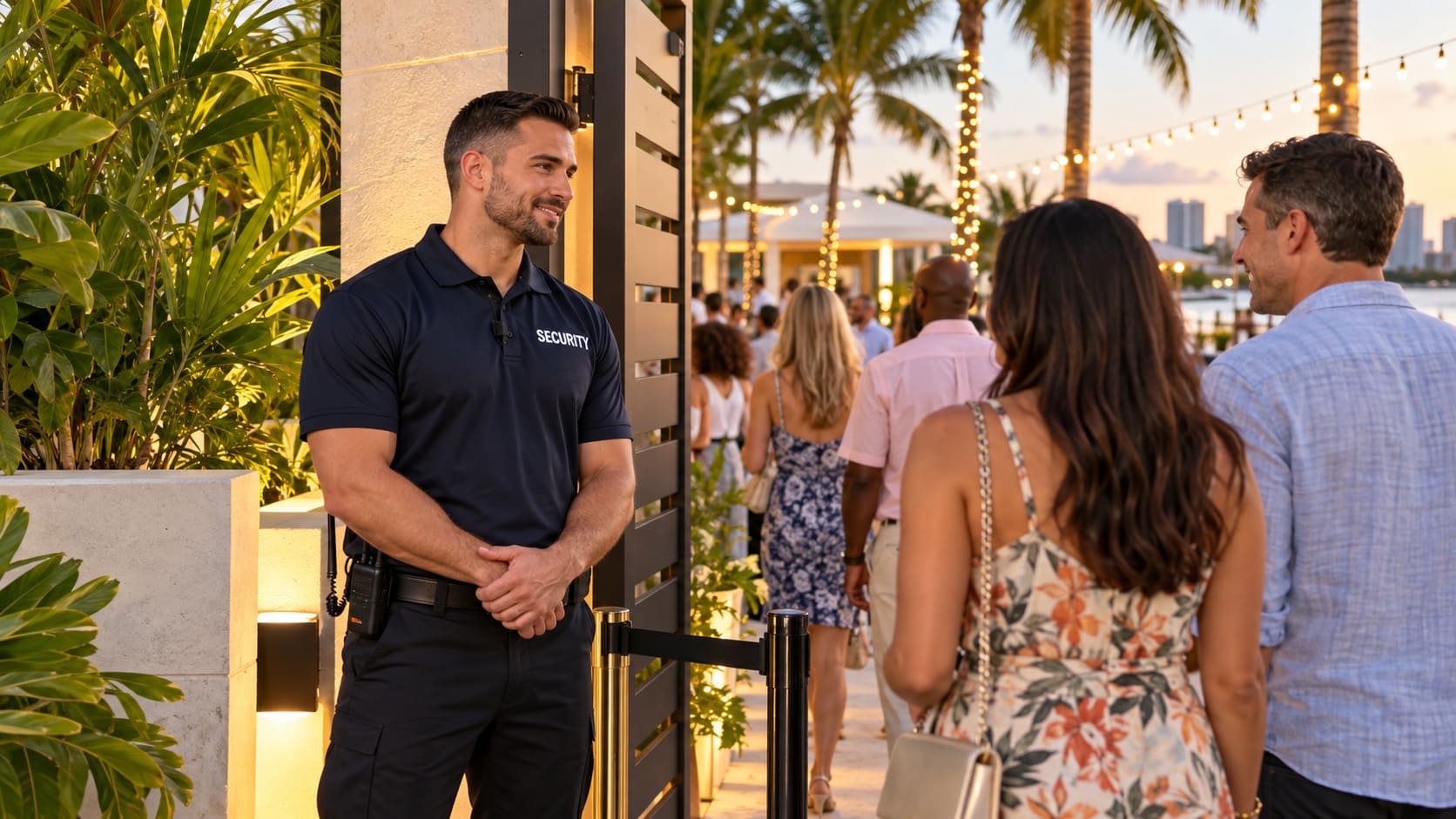 Security guard supervising guest entry at an outdoor event